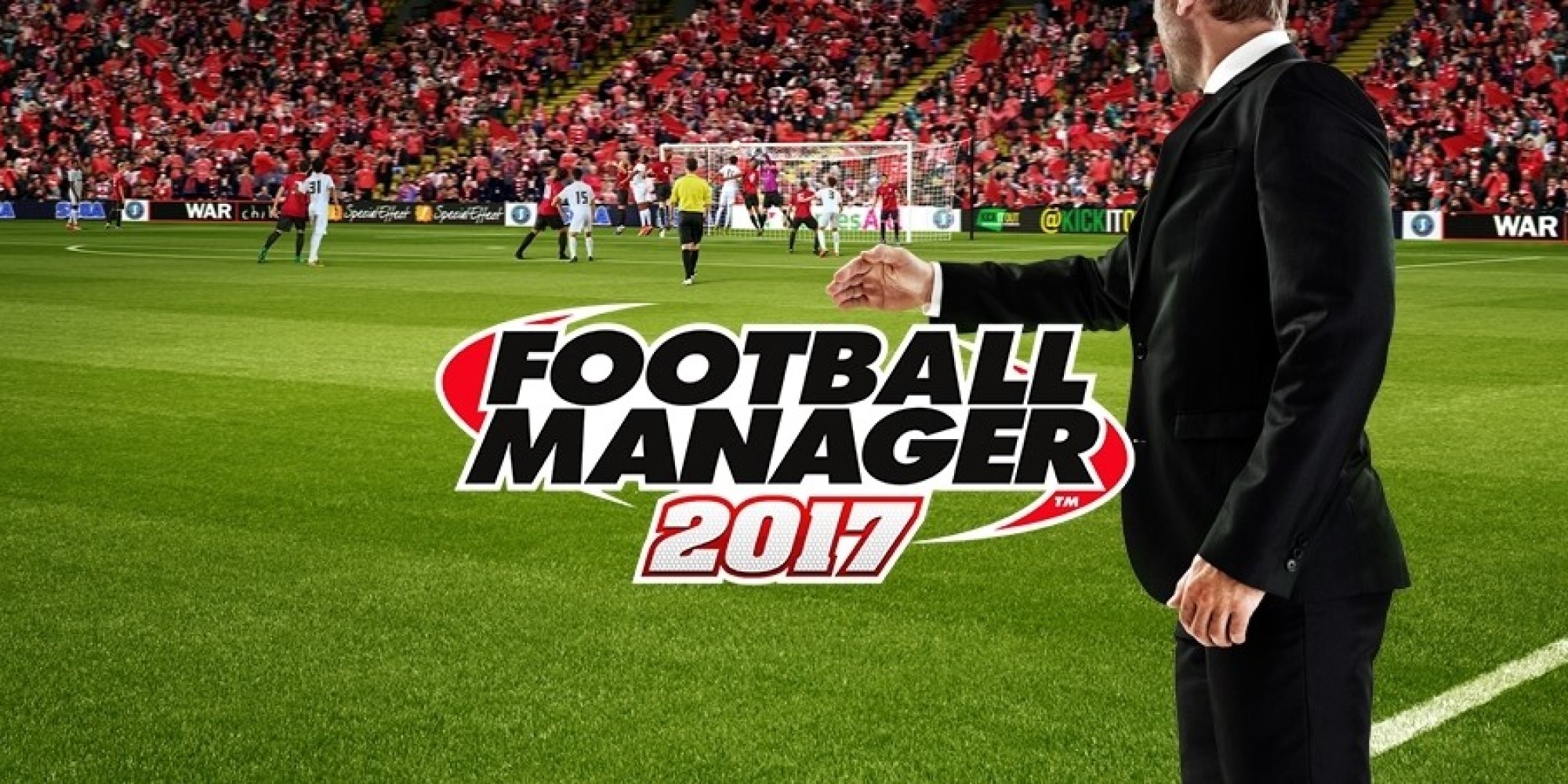 A computer generated image of a football manager stood on the sideline of a football pitch with a 