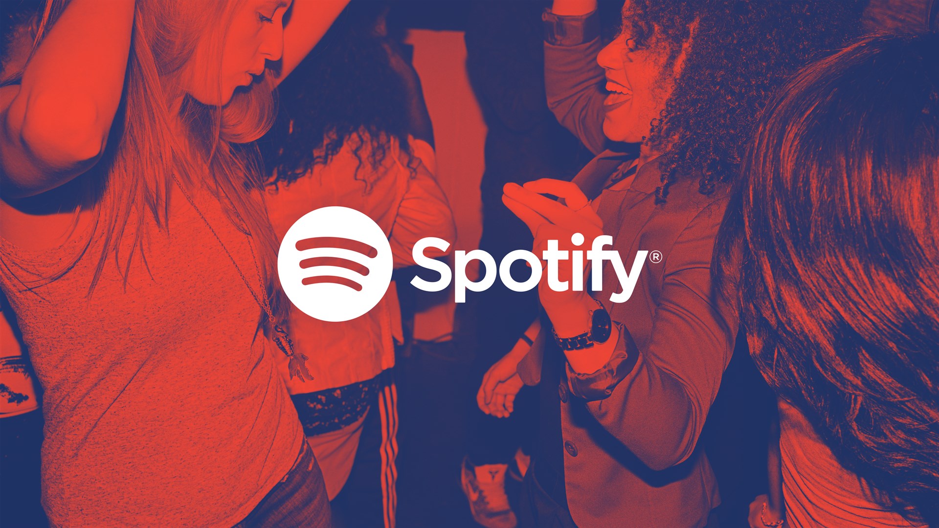 A photo of some people partying with a bunch of visual effects on it so it serves as a backdrop to the Spotify logo, which is plastered over the top of the image.