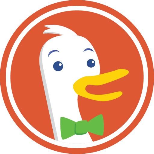 The logo and icon for DuckDuckGo search engine, represented by an illustration of a smiling white duck wearing a green bow-tie on a red circular background.
