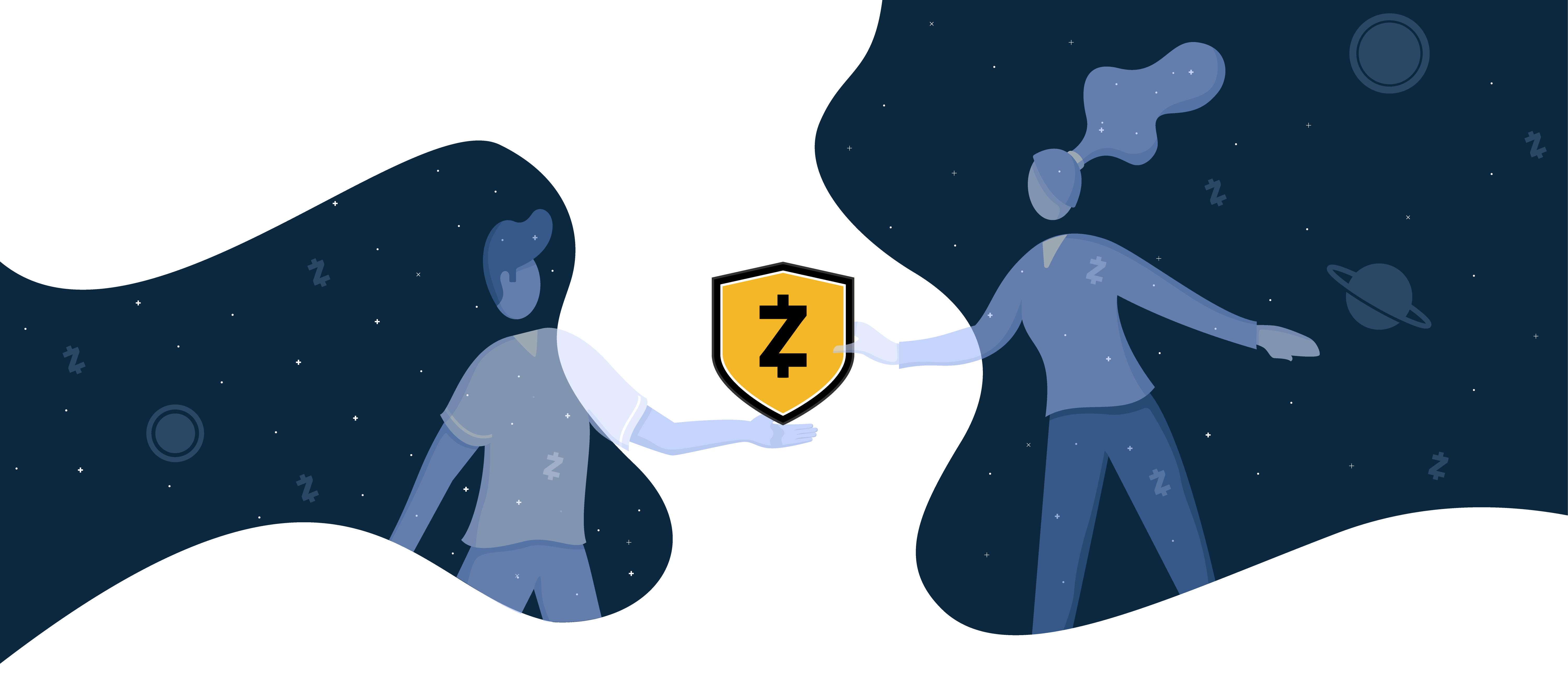 An illustration of a man and woman reaching out towards a Zcash shield logo