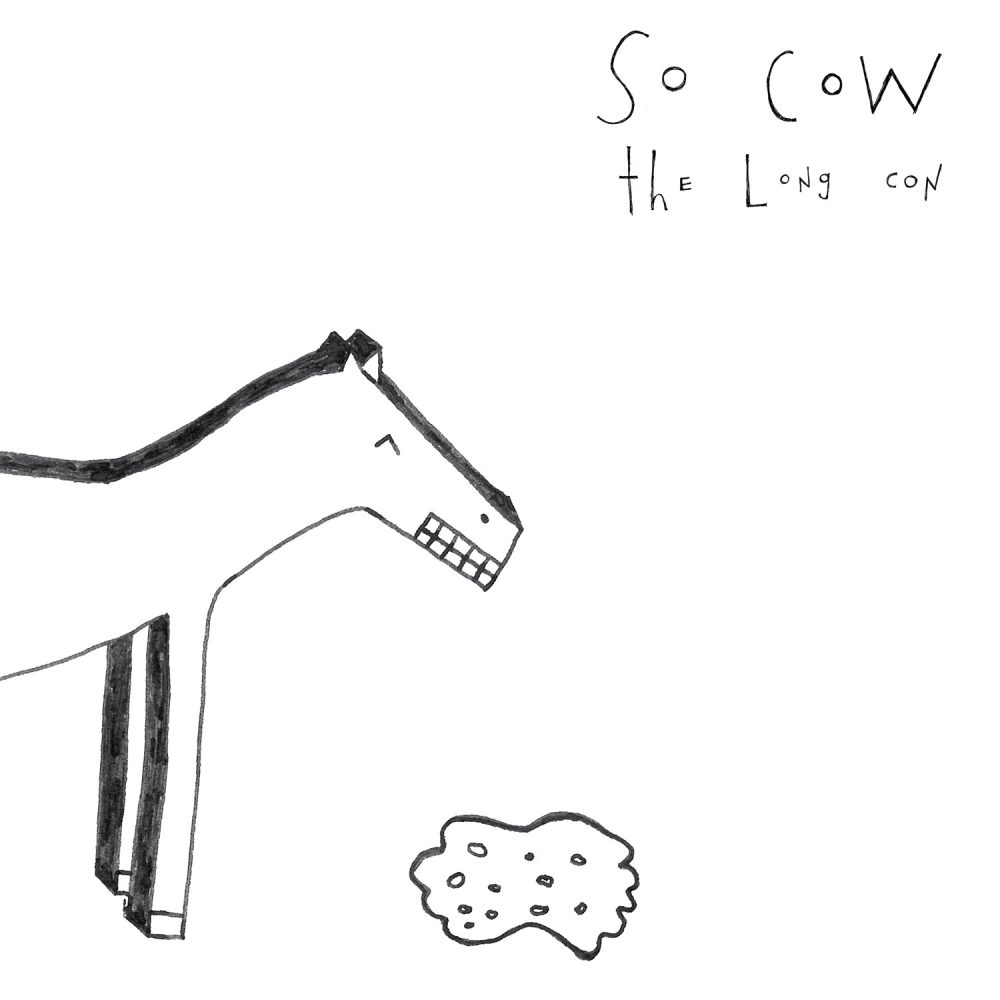 The album artwork for the album The Long Con by the band So Cow. Pictured on the front is a black pen drawing of a horse that has vomited on the ground.
