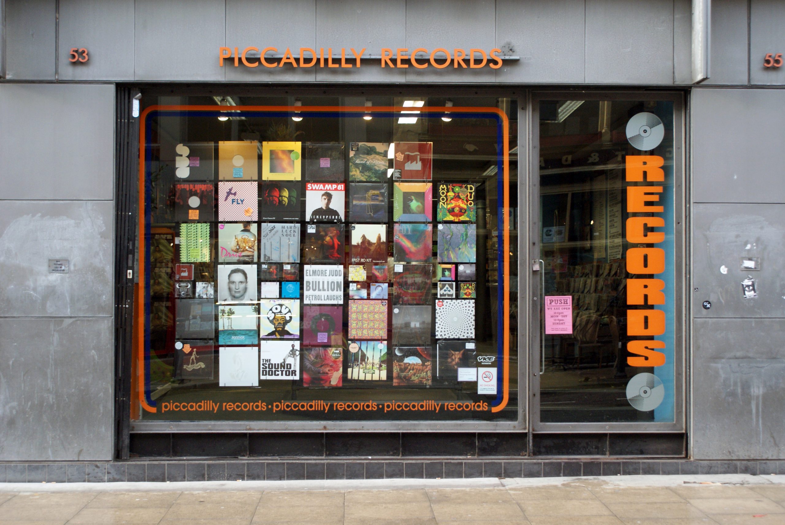 A photo of the outside shop front of Piccadilly Records store in Manchester, UK