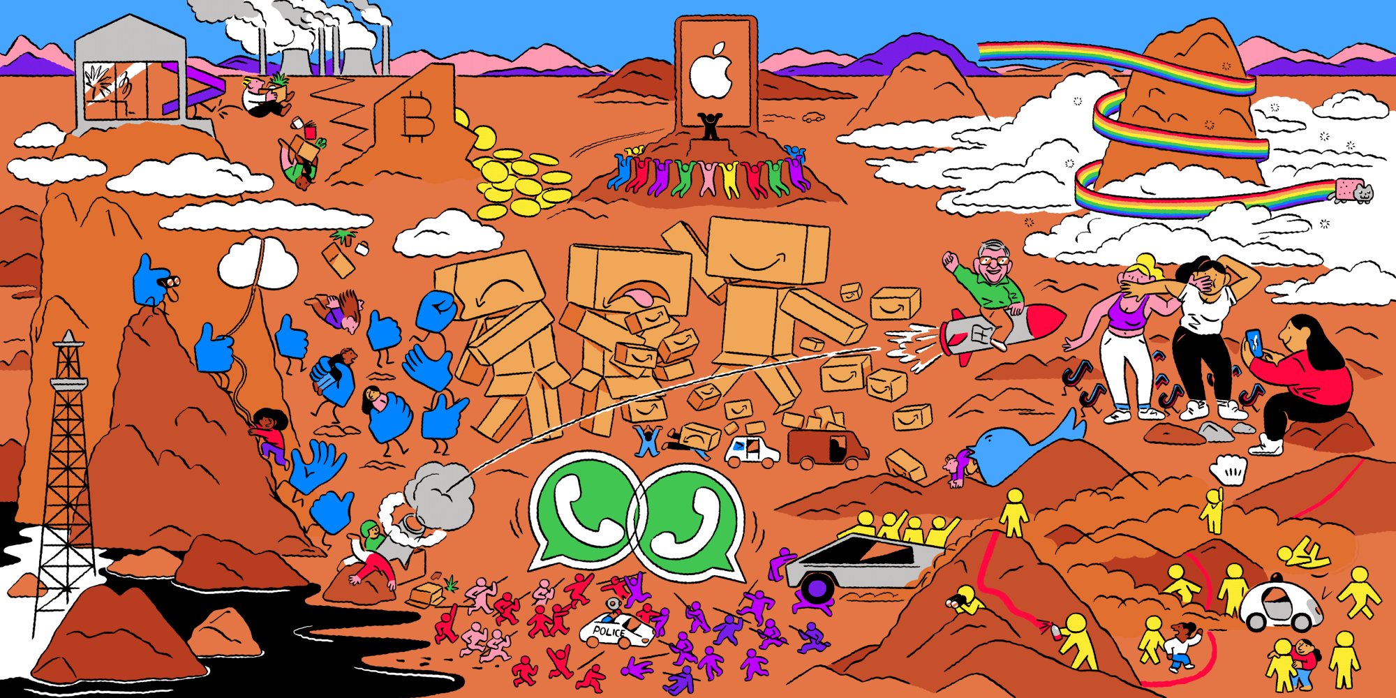 An illustration of lots of symbols of tech companies in a desert landscape