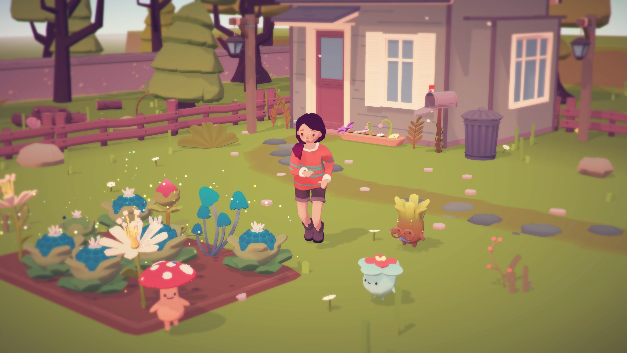 A screenshot from the video game Ooblets showing the main character stood outside her house/farm.
