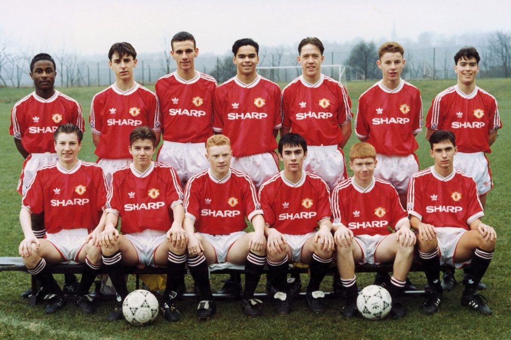Manchester United class of 92 wearing their classic football shirt