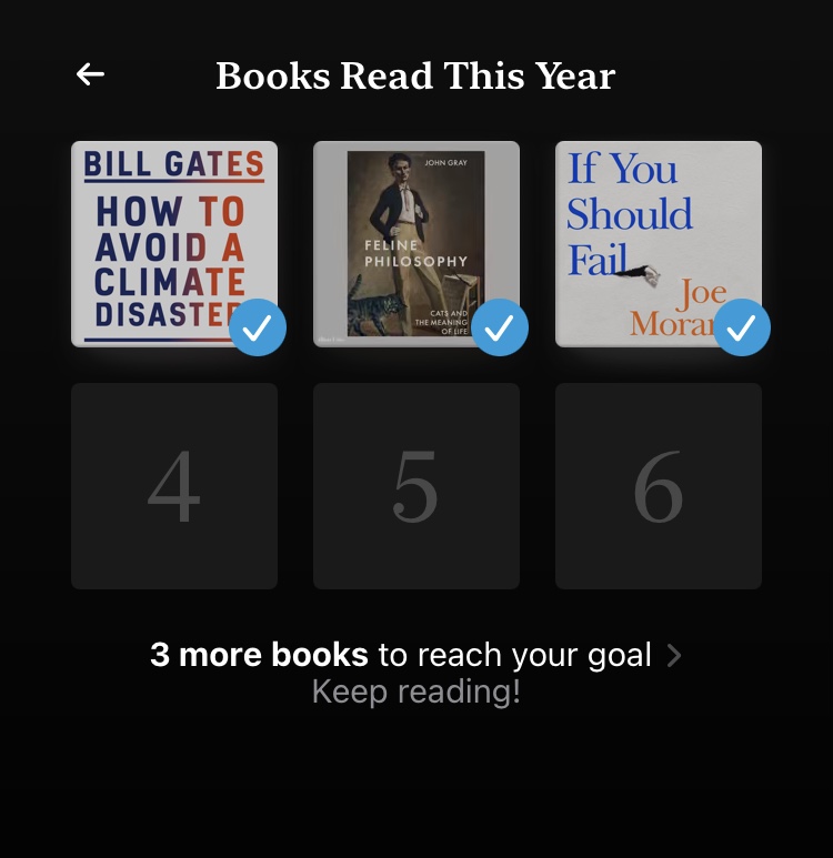 A screenshot of Apple Books' reading goal showing 3 completed slots and 3 empty slots.