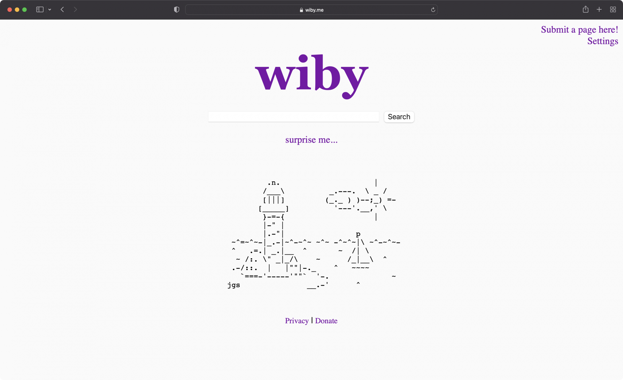 A screenshot of Wiby search engine as of 13 February 2022