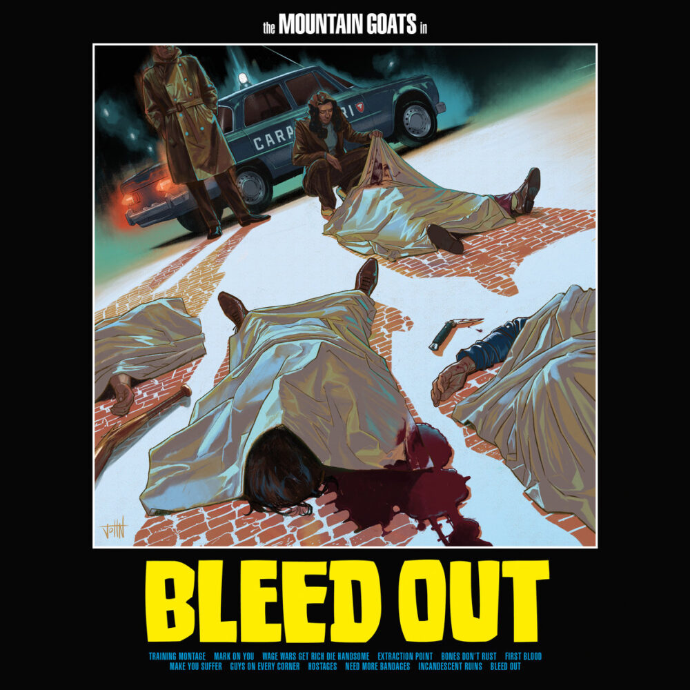 The album artwork for Bleed Out by The Mountain Goats. It pictures a murder scene, illustrated, with several bleeding bodies covered with sheets.