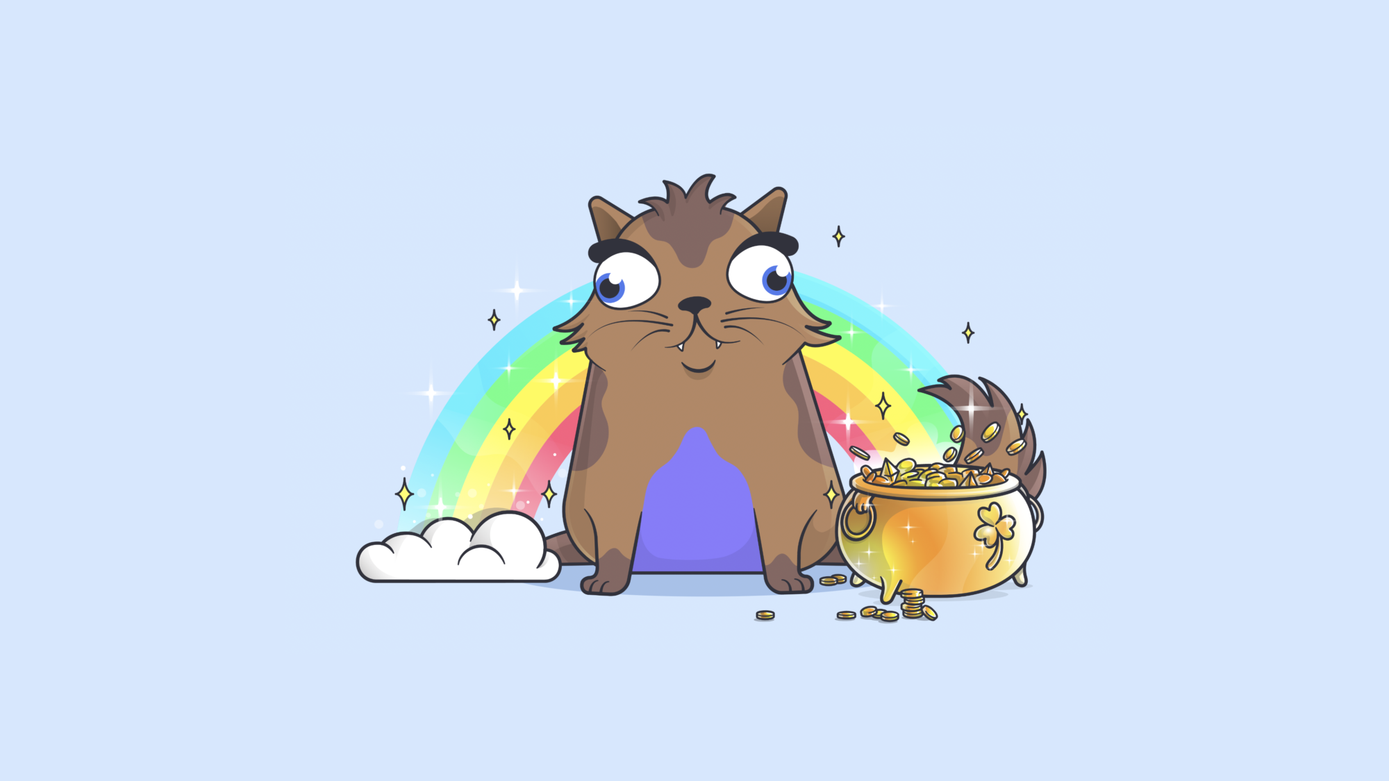 An illustration of a cat (a cryptokitty) which has brown fur, cross-eyes, and is sat infront of a rainbow.