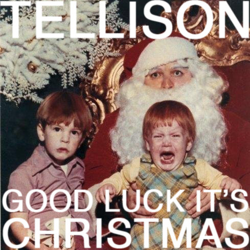 The artwork for the Tellison single 'Good Luck Its Christmas' which shows a picture of Santa with two children who look sad and upset.
