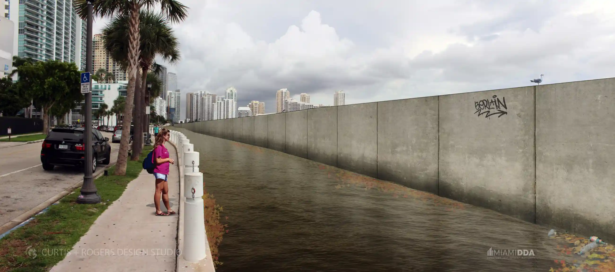 3D render of a concrete wall that has been placed in the water, meaning any view from the street to the water is blocked. There's also graffiti on the wall and some trash in the moat of water that is visible.
