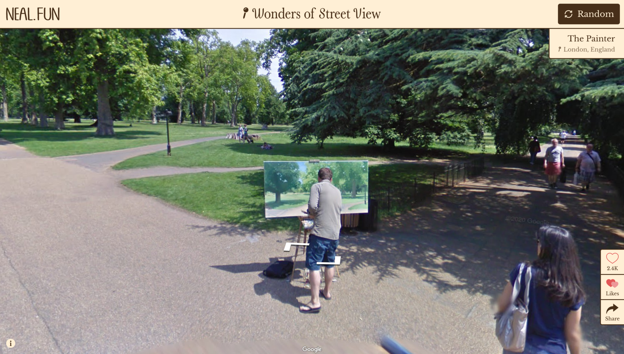 A screenshot of the website Wonders of Street View which shows a man in a park in London painting the park.