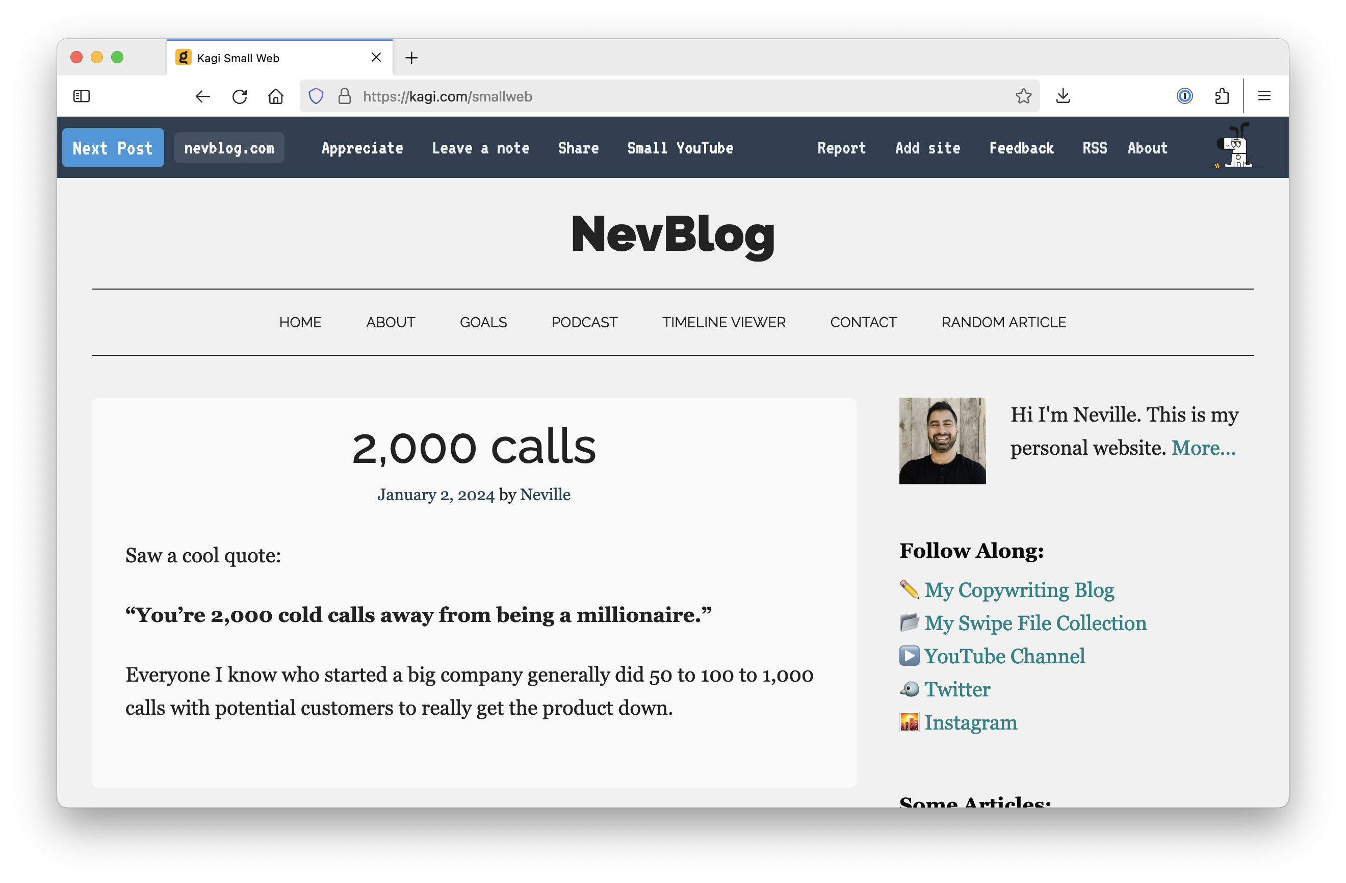 A screenshot of Kagi Small Web showcasing the website NevBlog.
