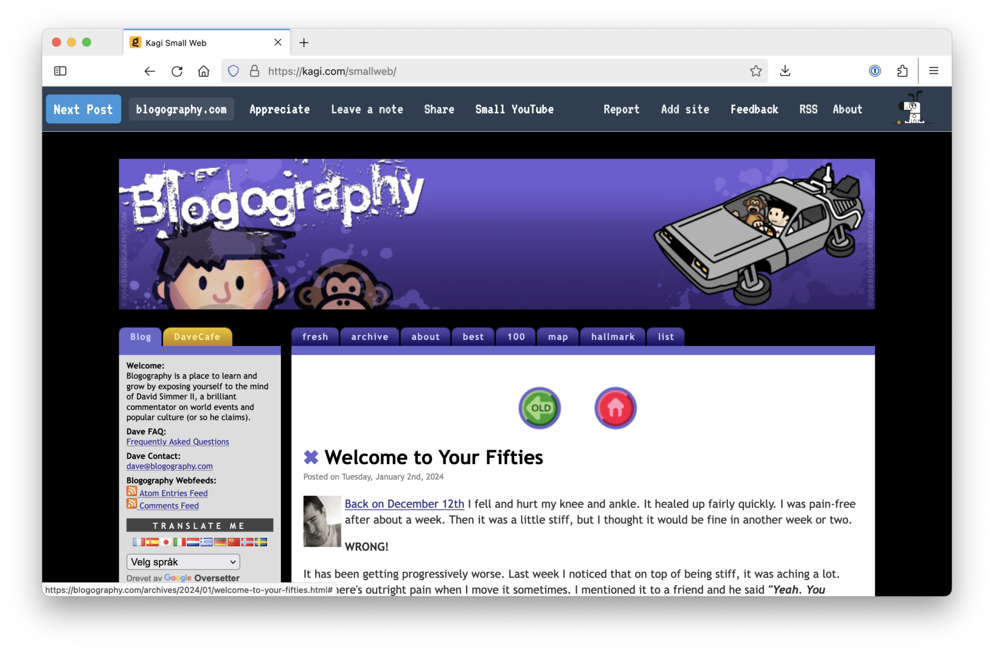 A screenshot of Kagi Small Web showcasing the website Blogography.