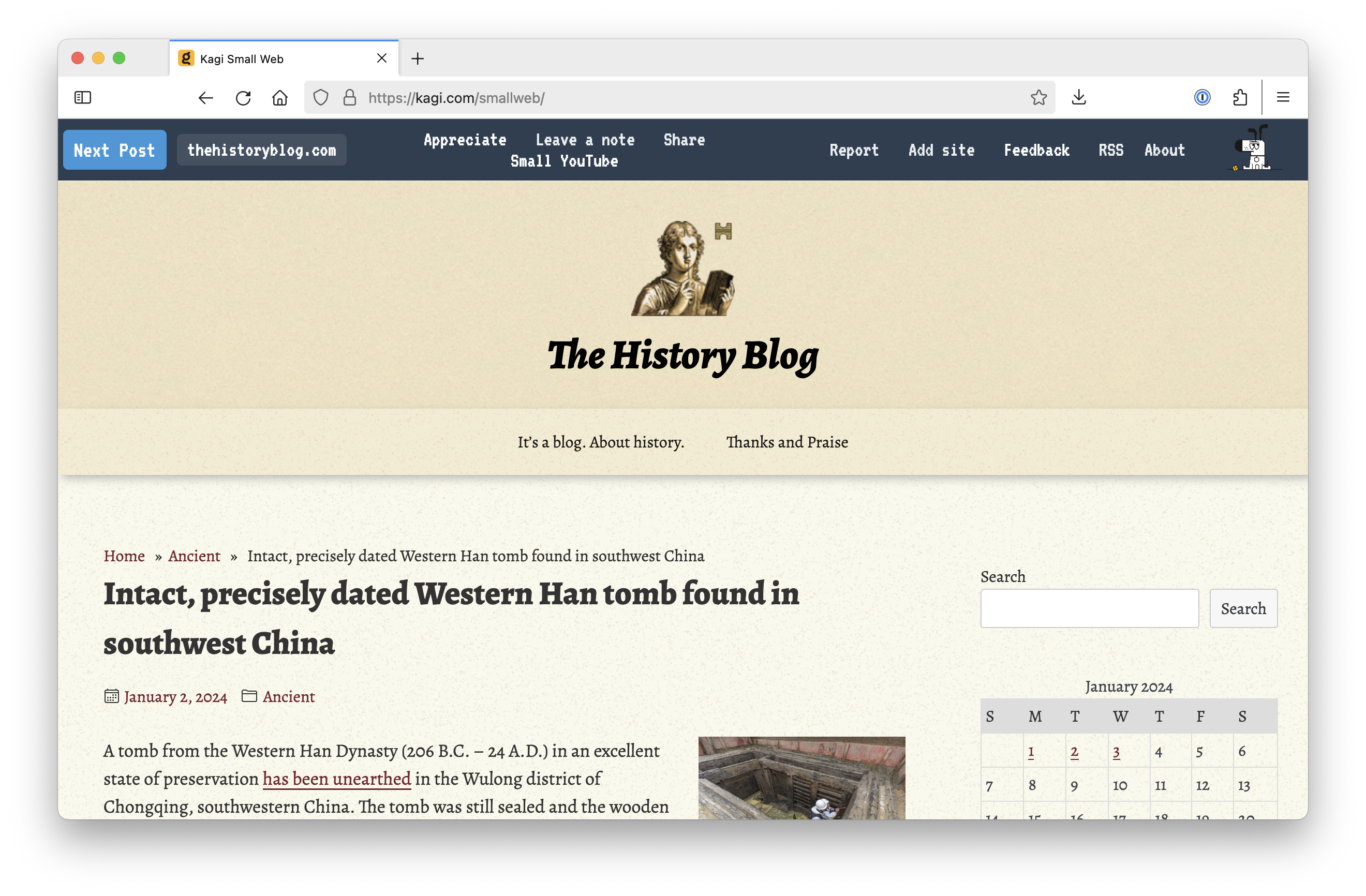 A screenshot of Kagi Small Web showcasing the website The History Blog.