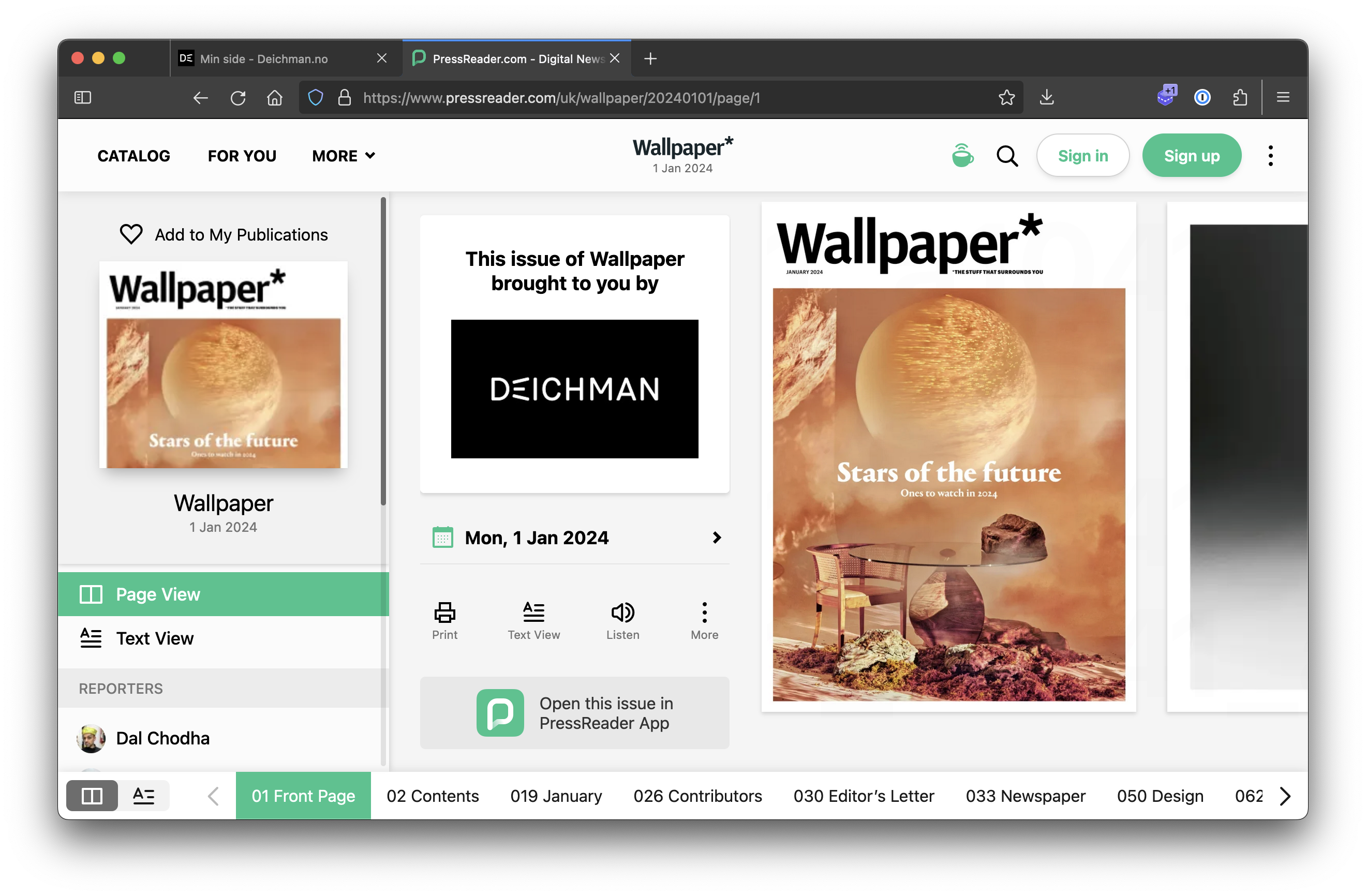 A screenshot of pressreader.com in the web browser showing the content is supported by Deichman library and the publication shown is Wallpaper magazine.