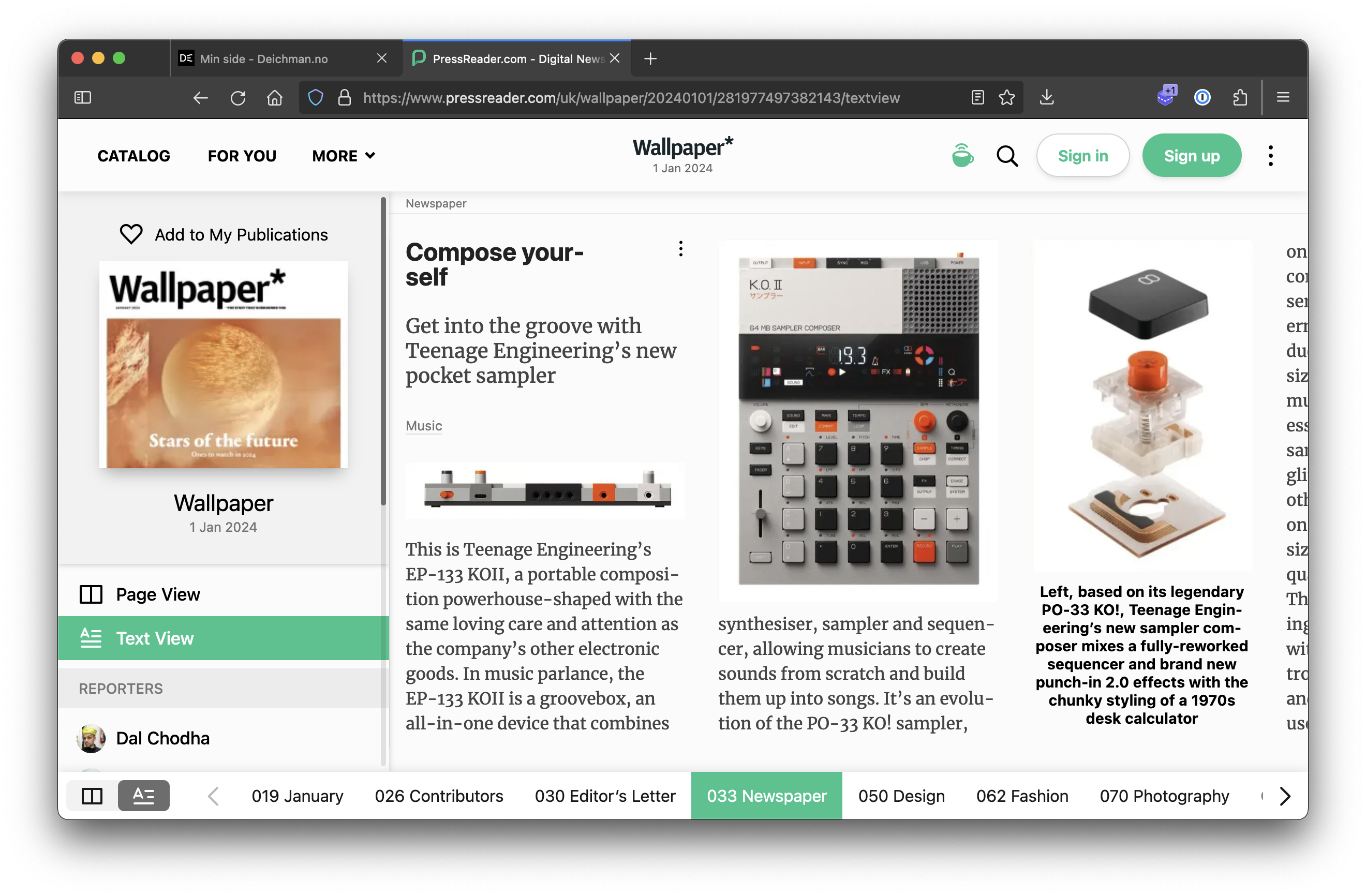 A screenshot of pressreader.com in the web browser showing the content from Wallpaper magazine in a text reader view.