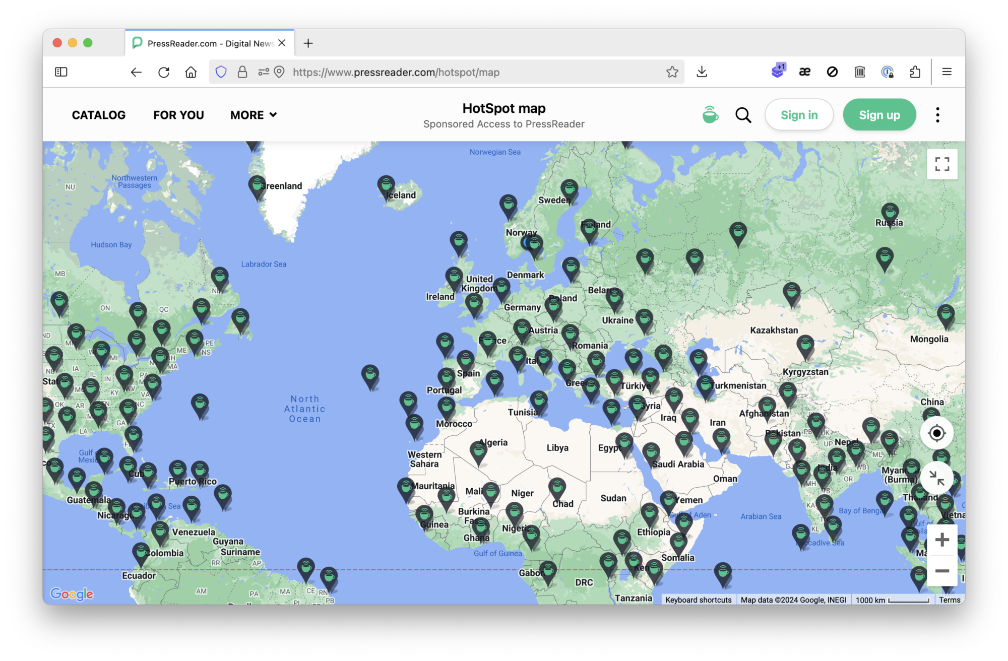 A screenshot of PressReader's global HotSpot map. It's a map of the world with pins across almost all countries, listing the organisations that will give you free access to their service.