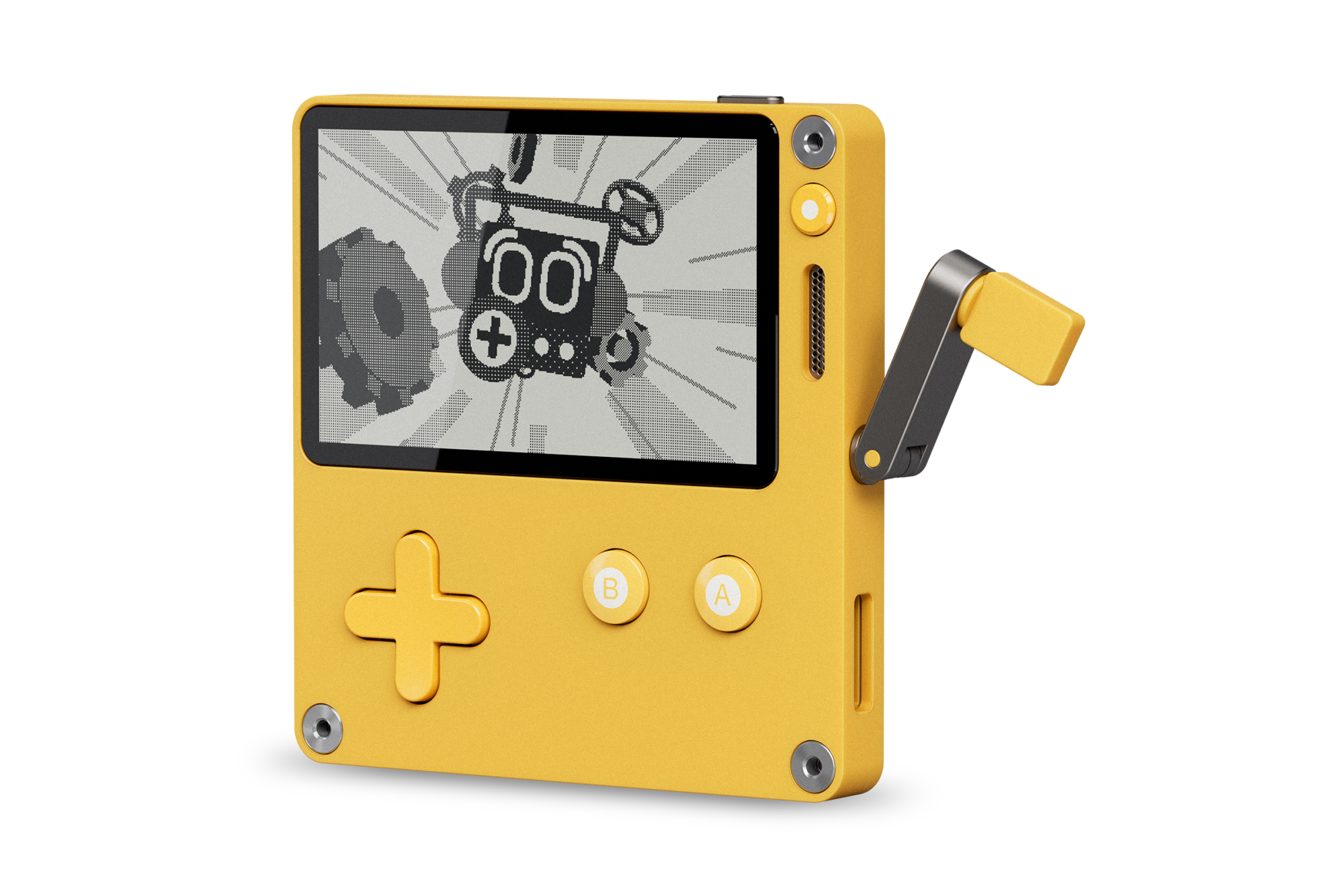 A promotional image taken from the Playdate media pack. It shows the playdate console with content on the screen and the crank control extended. The console is a cute yellow blocky (but thin) device. It looks like a really slim and mini version of a Game Boy Pocket, but with a crank on the side that you can turn.